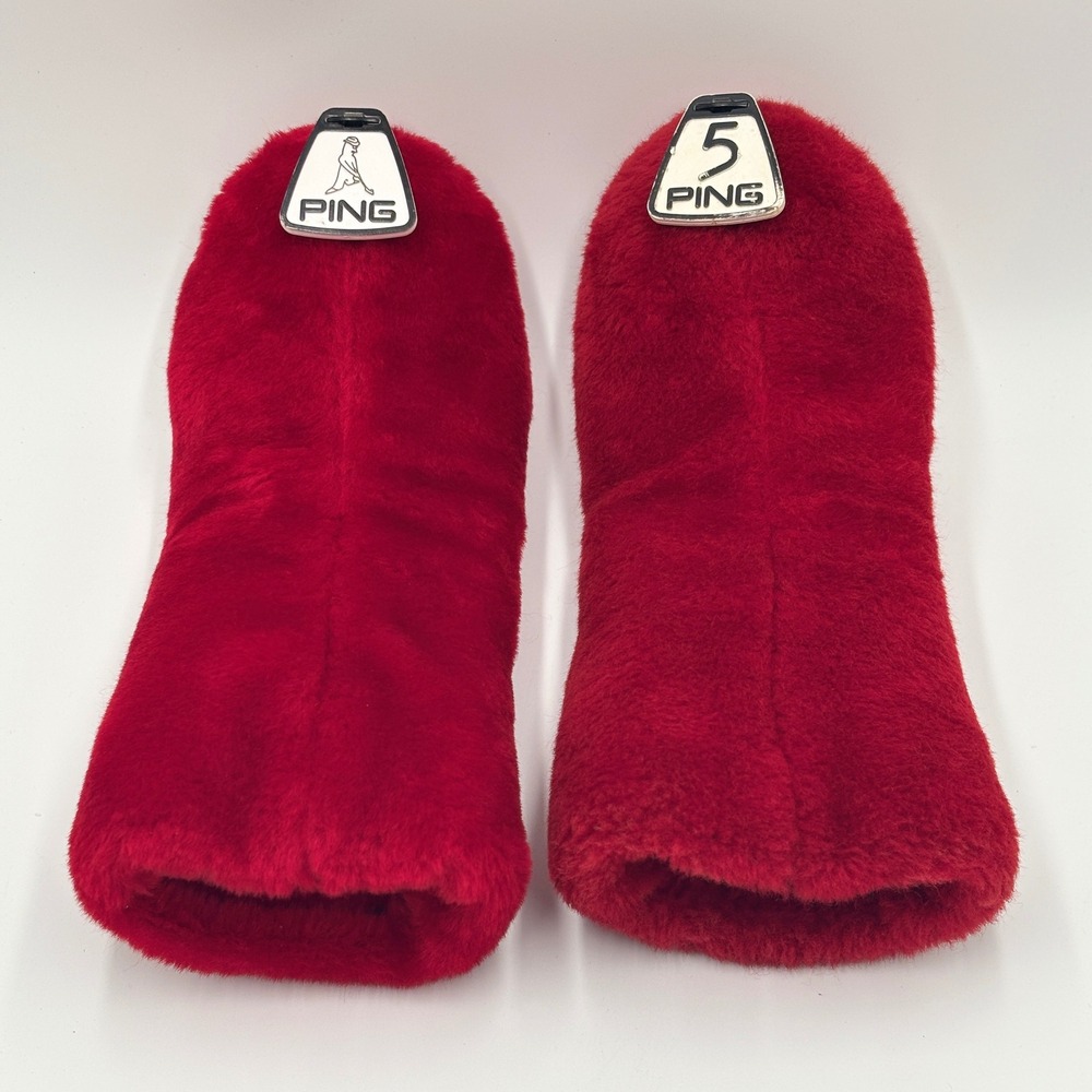 Vintage Ping Karsten Red Fuzzy Fur Golf Headcovers Set of 2 Plush 5 Wood Logo - Picture 1 of 3